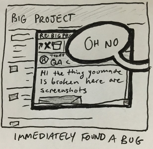 immediately found a bug. still on the same ticket screen, i've received an email from qa titled “RE: BIG PROJECT” that says “Hi the thing you made is broken here are screenshots.” oh no