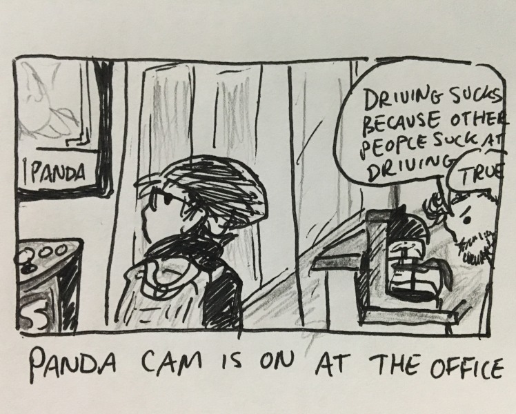 walking into the office and passing m. fairbank, who is policing the coffee as usual and saying something about how “driving sucks because other people suck at driving.” someone else is agreeing with him. panda cam is on at the office