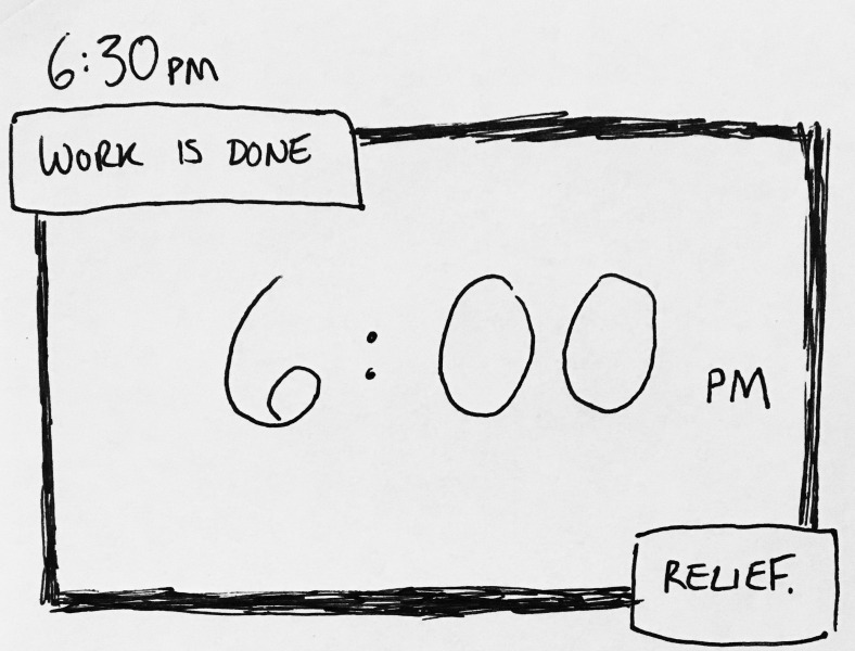 the clock shows 6:00pm: work is done. relief.