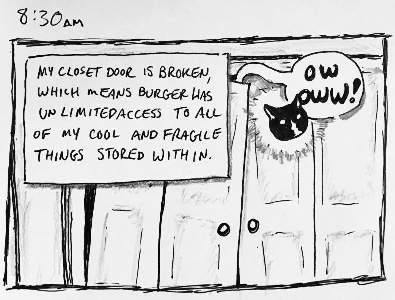 my closet door is broken, which means burger (the cat) has unlimited access to all of my cool and fragile things stored within. she is currently inside, yelling her battle cry: “OW OWW!”