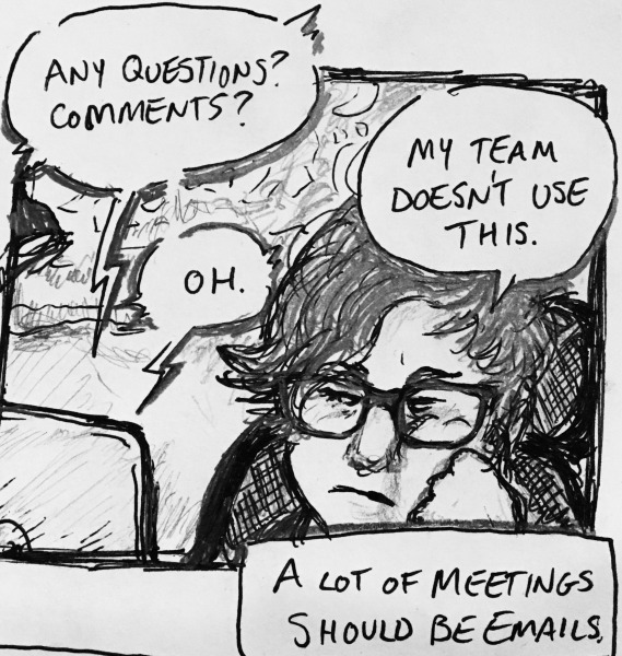 “any questions? comments?” the meeting organizer asks. “my team doesn't use this,” i say flatly. “oh,” comes the reply. a lot of meetings should be emails.