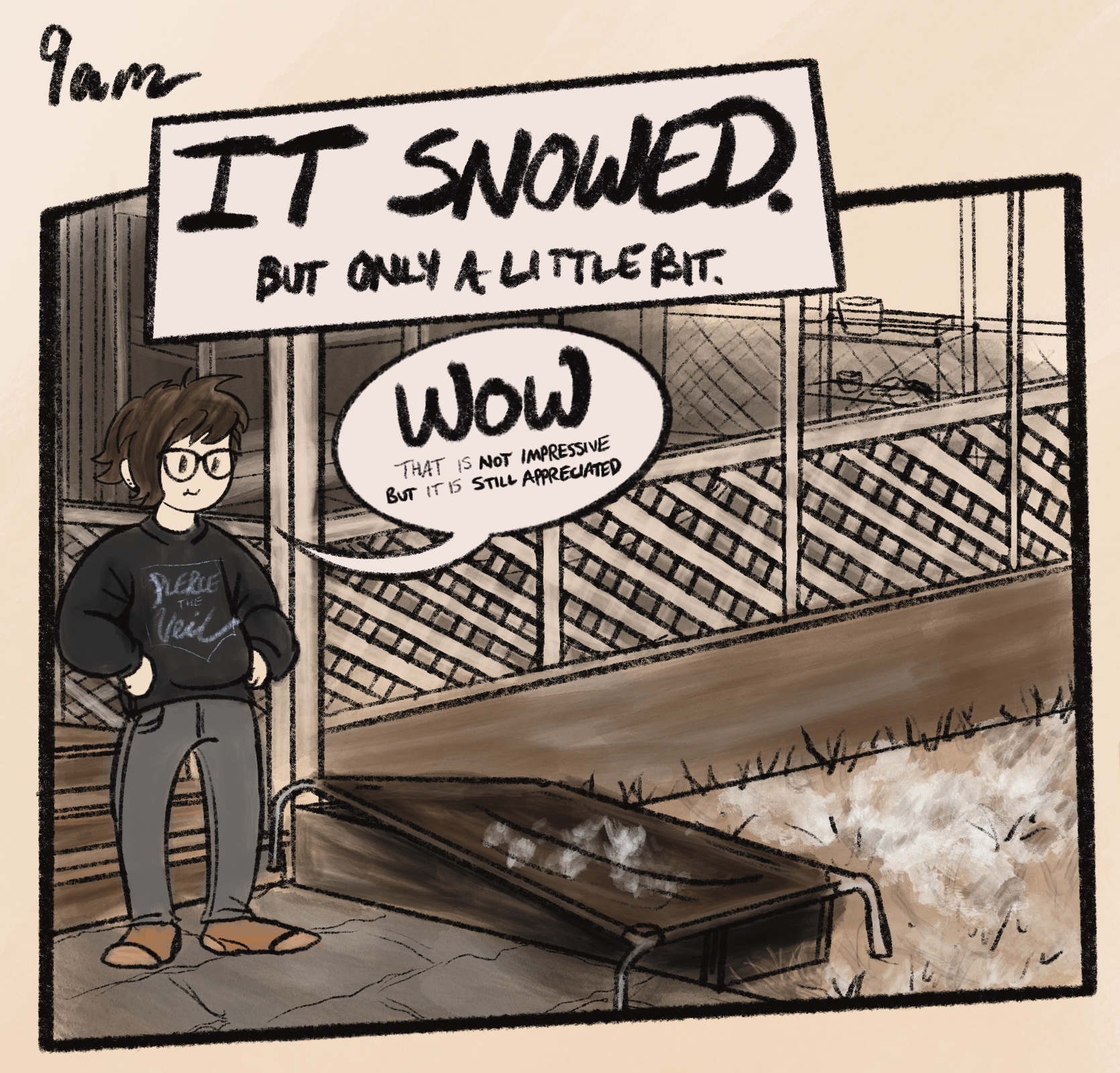 digitally-drawn comic panel with the caption: “9am: IT SNOWED. but only a little bit.” i'm drawn standing in my backyard in my faded old sweatshirt, ratty jeans and basic socks, on the paving stones next to a snowy and dirty outdoor dog bed. behind me is my screened-in latticed porch. i'm smiling a little as i look at the tiny pile of snow on the ground (already mostly melted back into dirt) and say “WOW, that is not impressive but it is still appreciated.”