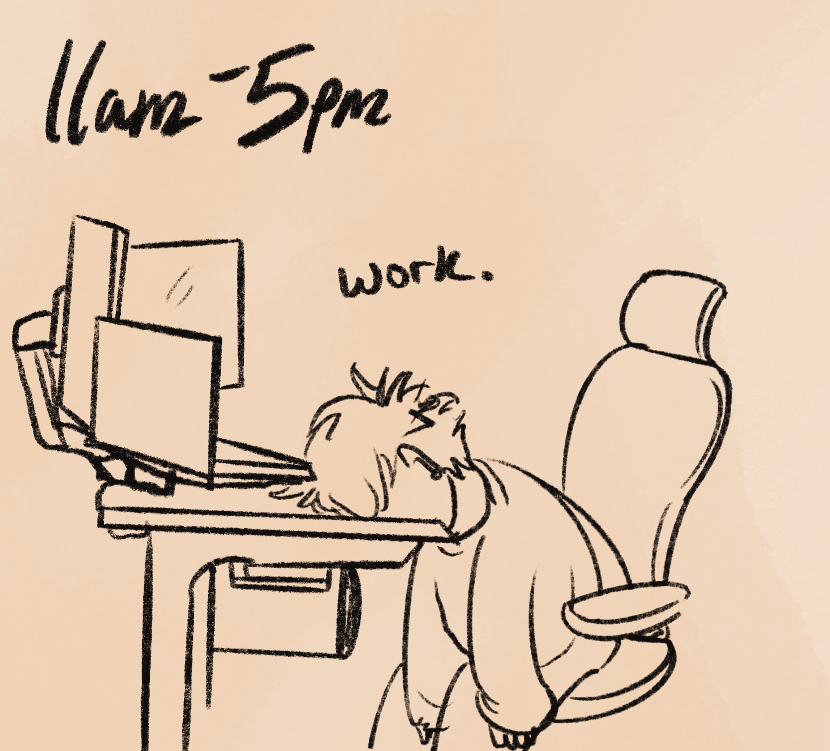 digitally drawn comic with caption: “11am to 5pm: work.” that appears to be a loose definition of “work” as i'm slumped in my computer chair with my face down on my desk, not appearing to be accomplishing very much. this panel is very sparse and sketchy compared to the others and i clearly did not have much time to draw it.