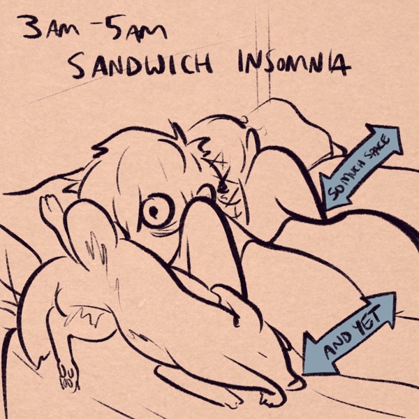 comic panel captioned 3am - 5am: sandwich insomnia. i'm in bed between my fiancee and my dog, cramped on my side in a skinny line with my dog pressed against my front and my fiancee against my back. mostly you can just see my hair, part of an art, and one wide-open, exhausted eye. my dog, a labrador-heeler mix, is stretched out long and upside-down (butthole on my pillow of course) with her belly in the air, dreaming away. my fiancee's back is against me and she's also sleeping comfortably. there's an arrow showing the Massive amount of open bed space my fiancee or dog could be sleeping in, but another arrow (showing my ~8inches of bed real estate) simply states “and yet”...