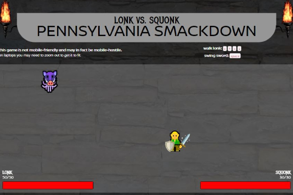 a picture of the browser-based game Lonk vs. Squonk Pennsylvania Smackdown. it shows the Squonk (a floating, tentacled pig monster) fighting off a bastardized version of Link from the legend of zelda.