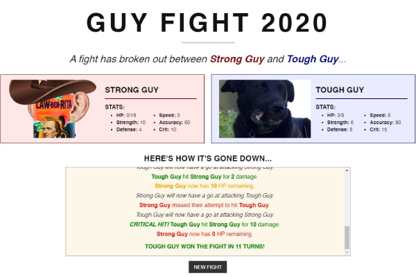 a screenshot of the game Guy Fight 2020. the image shows a fight in progress between Strong Guy and Tough Guy, as well as a feed of the action